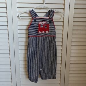 Vintage Healthtex Navy and White Striped Overalls with a Red Train Applique 3M